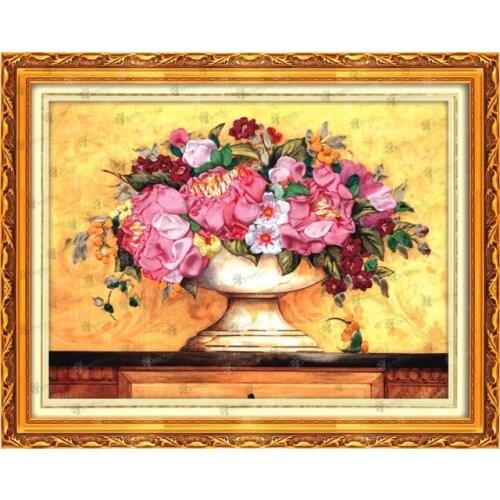 Needlework,DIY Ribbon Cross stitch Sets for Embroidery kit,vase floral flowers love ribbon Cross-Stitch handwrok needlework