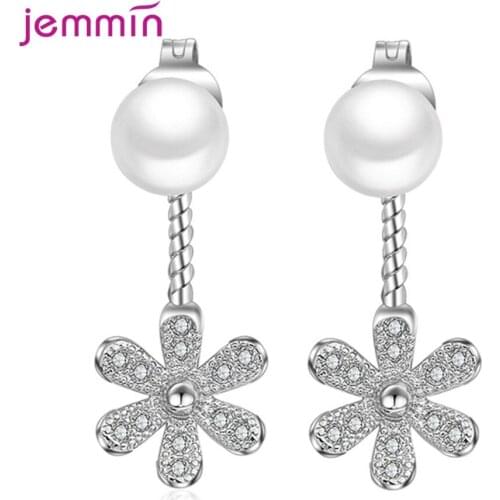 Elegant White Simulated Pearl Cubic Zirconia Flower Drop Earrings For Women Fashion 925 Sterling Silver Jewelry Wedding Bijoux