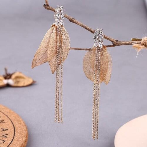 Earrings Europe and the United States long metal leaves tassel crystal earrings geometry thin face pendant jewelry