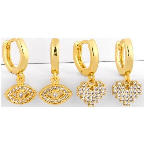Evil eye heart multicolor Brass micro pave cz zircon cubic zirconia drop Hoop Earrings studs copper gold plated crystal fg23s
