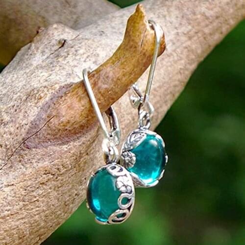 Vintage Sea Blue Moonstone Dangle Earrings Fashion Round Gemstone Business Drop Earrings For Women Jewelry Accessories