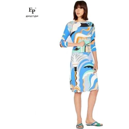 EFATZP bright-colored and beautiful 3/4 sleeve elastic knitted slim silk jersey dress new