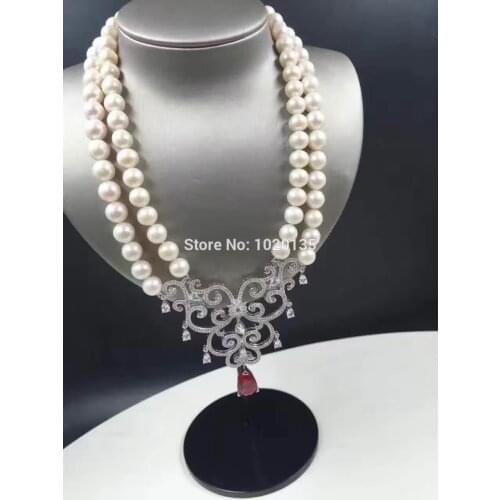 2rows 19-20inch freshwater pearl near round necklace 8-9mm wholesale beads fashion gift red flower zircon