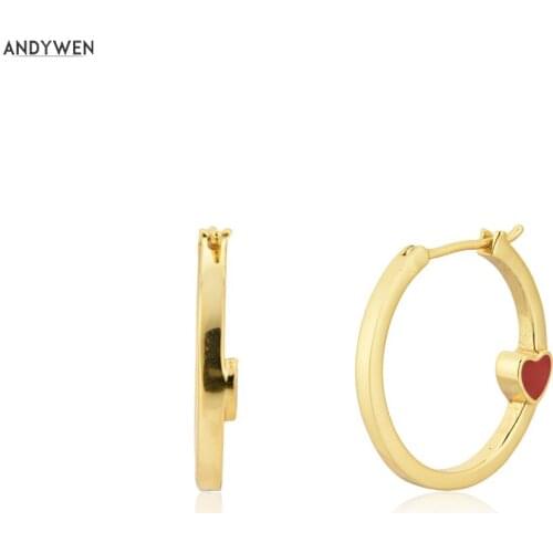 ANDYWEN 925 Sterling Silver Gold 18mm Circle Hoops Women Fashion Heart Enamel Special Red Gold Fashion Fine Jewelry Big Jewels
