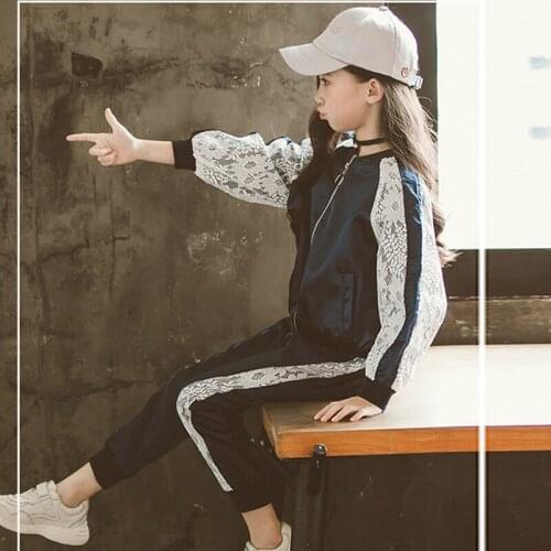 4-12 years baby girls sports suits 2019 spring children lace sleeve zipper coat + pants Casual Girls Clothes kids tracksuit set