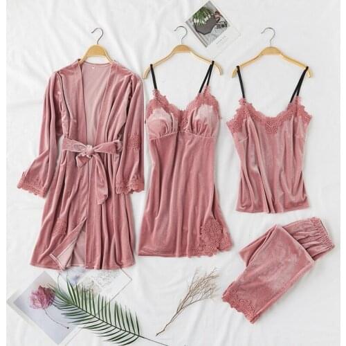 Gold Velvet 4 Pieces Warm Winter Pajamas Sets Women Sexy Lace Robe Pajamas Sleepwear Kit Sleeveless Nightwear