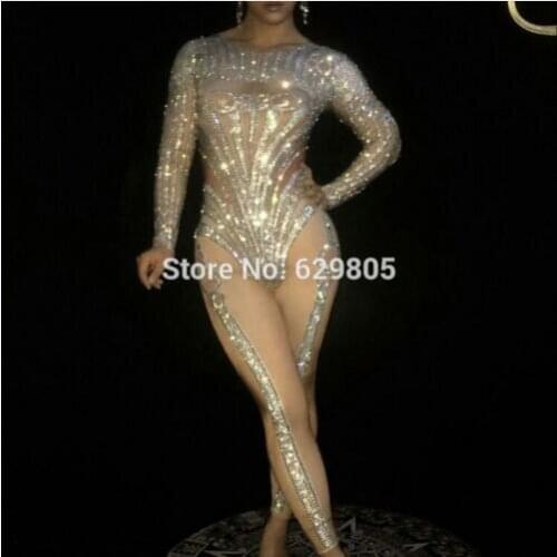 Fashion Sparking Crystals Stage Wear Rompers Womens Outfit Silver Sexy Birthday Celebrate Clothing Bosdysuit