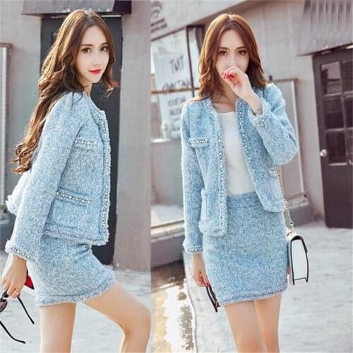 Womens clothing Autumn Winter high quality Fashion tops skirts female Beaded woolen coat and skirts two piece set sets A520