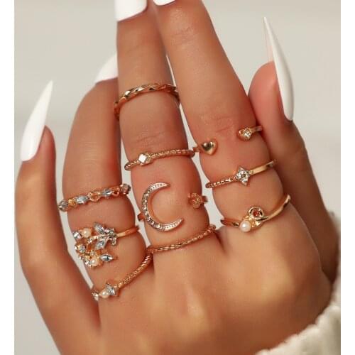Vintage Crystal Star Moon Rings Set For Women Gold Color Knuckle Finger Ring Female Boho Jewelry Accessories 2021 Vocation Gift
