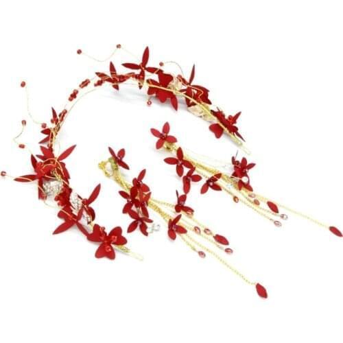 Women Korean Red yarn flower Rhinestones Leaf bride headdress beauty bride wedding hair accessories Floral hair Earring ornament