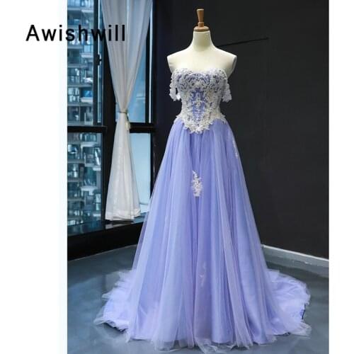Fashion Women Off The Shoulder Prom Dress Beaded Appliques Tulle Lilac Evening Gown Lace-up Back Vestido de Festa