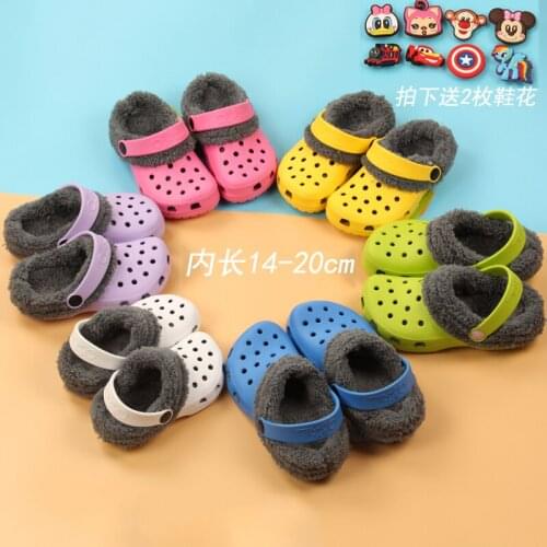 Winter Kids Clogs Warm Fur Childrens Indoor Shoes Home Hole Mules Navy Cute Pins Sandal EVA Flat Kids Shoes