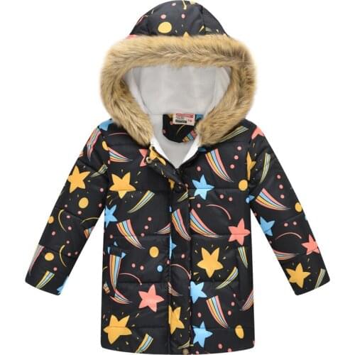 Winter Heavyweight Cartoon Print Fur Collar Baby Boys Jackets Warm Fleece Child Long Coat Children Outerwear For 3-12 Years Old