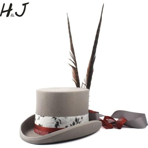 13.5CM Steampunk Top Hat For Women Men Wool Grey Fedora Punk Long Feather Millinery Cosplay Goggles Party Cap 4 Size