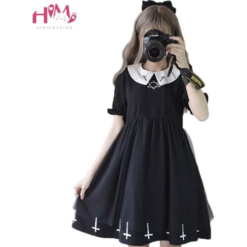 2020 Japanese Soft Sister Preppy Style Harajuku Dark Girl Black Dress JK Uniform Embroidery With Peterpan Collar Women Dress
