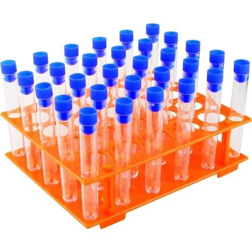 50 Pack Clear Plastic Test Tubes with Blue Caps,16x100mm Test Tube Holder Set with Caps and 1 Pack Orange Plastic Test Tube