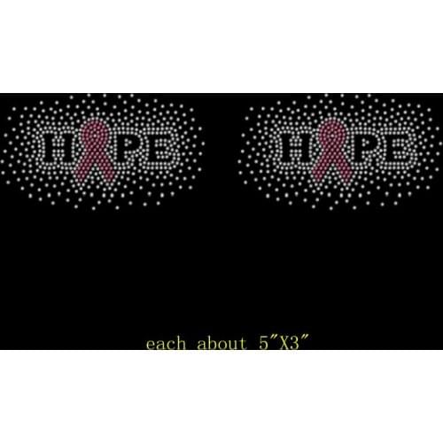 Free shipping set of 2 Mask Size Light pink with white Breast Cancer Hope Ribbon Rhinestone Hot Fix Iron On Transfer