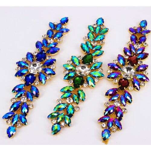 Handmade Crystals Patch Sew On Glass For Bridal Headband Trim Shiny Metal Applique Rhinestone For Wedding Belt