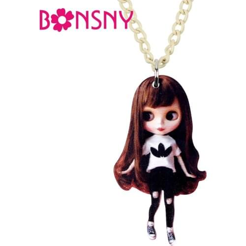 Bonsny Acrylic Sweet Long Hair Girls Doll Pendant Chain Collar Fashion Cute Jewelry Necklace For Women Girls Gift Accessories