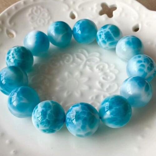 16mm Natural Larimar Blue Beads Bracelet From Dominica Gemstone Healing Stretch Water Pattern AAAAAA