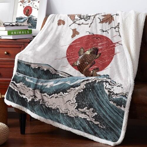 Japanese Style Sea Wave Carp Home Lamb Cashmere Thick Bed Blanket Sofa Winter Warm Sherpa Newborn Wraps Kids Bedspread