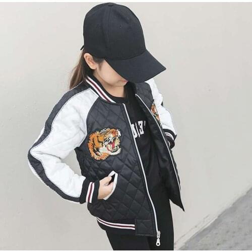 Girls Spliced Baseball Jacket Students Kids Thickening Thermal Cotton Padded Clothes Childrens Tiger Embroidered Outerwear B286