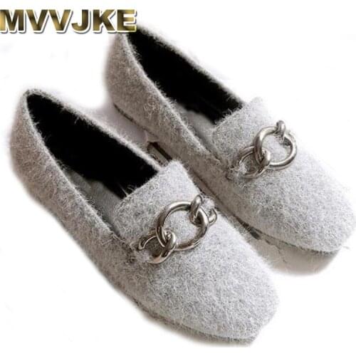 MVVJKEMetal Chains Loafers Women Cashmere Flats Mink Fur Shoes Ladies Dress Shoes Winter Warm Moccasins Pregnant Fur Flats Woman