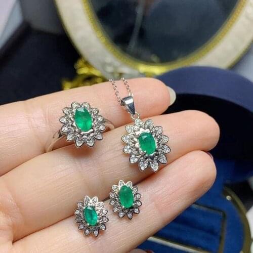 Natural Emerald Wowens jewelry set, 925 Sterling Silver Precious Gemstone Female Fine Jewelry with Certificate