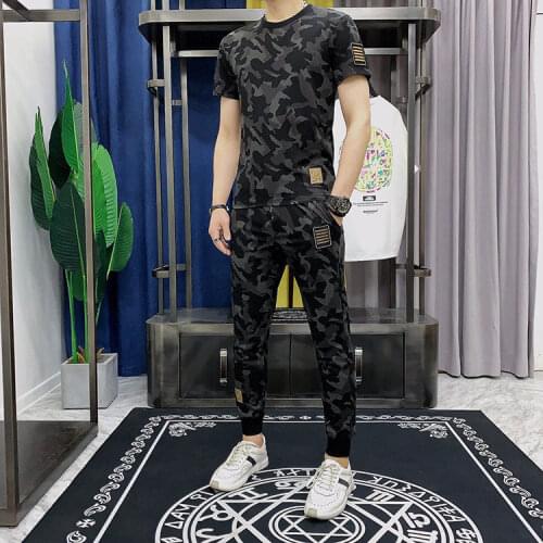 Ice silk Outfits mens camouflage summer new students Korean fashion handsome sports leisure summer clothes mens set