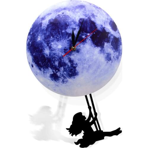 Lunar Blue Moon Wall Clock with Swinging Silhouette Pendulum Blue Moon Swinging Pendulum Clock Astronomy Home Decor Funny Watch