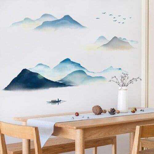 Chinese Style Landscape Painting Wall Stickers Living Room Bedroom Wall Decoration Self-adhesive Posters Mural Home Office Decor