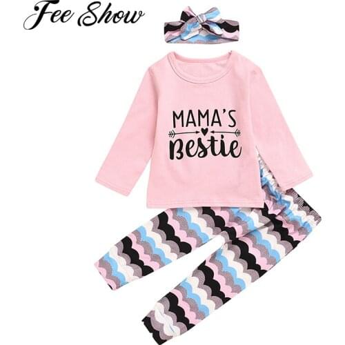 Newborn Baby Girls Clothes Cute Letter Mamas Bestie Long Sleeve T-shirt+Pants+Headband 3Pcs Outfit Suit Toddler Clothing Set