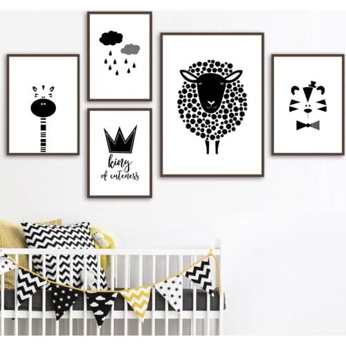 Sheep Giraffe Tiger Crown Wall Art Canvas Painting Nordic Posters And Prints Black White Wall Pictures For Baby Kids Room Decor