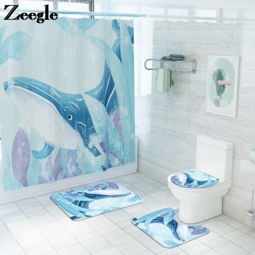 Printing Toilet Mat Set Anti-Slip Foot Mat for Bathroom Microfiber Home Decor Bath Mat and Waterproof Shower Curtain Set