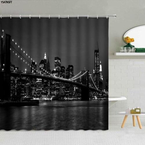 3D City Night Scenery Shower Curtain Golden Gate Bridge Architecture Landscape Bathroom Decor Cloth Curtains With Hooks Washable