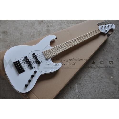Free shipping custom JB5 string electric guitar bass ,white bass,black binding,acrylic pickguard,maple neck,chrome buttons