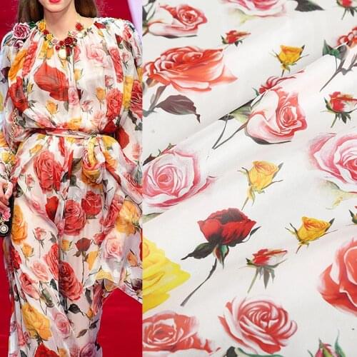 145cm Width Fashion Colorful Rose Printed Thin Chiffon Fabric for Woman Summer Dress Blouse Pants DIY Cloth Sewing