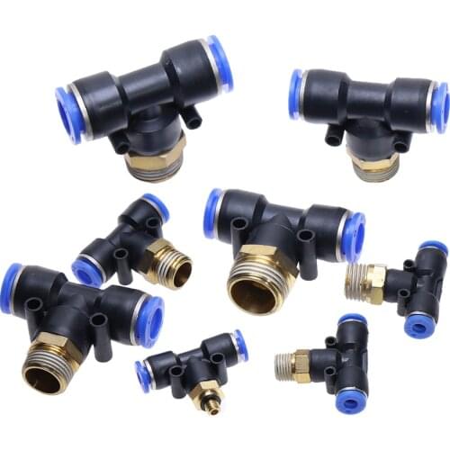 Tee Pneumatic Fittings quick connection-peg T type PB 4 6 8 10 12mm- M5" 1/8" 1/4" 3/8" 1/2"BSP Male threaded