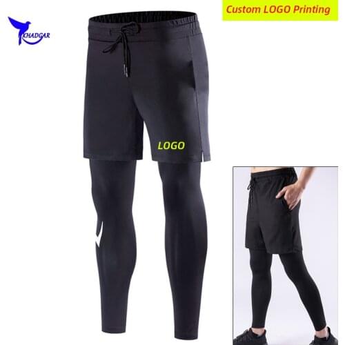 High Elastic Men Shorts+Pants 2 in 1 Running Tights Quick Dry Gym Fitness Leggings Workout Sportswear Yoga Sweatpants Custom