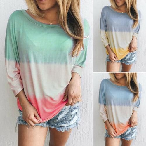 Fashion Womens TunicCasual T-shirt Long Sleeve Rainbow Gradient Pullover Top Loose Sweatshirts Clothing Gradient Rainbow