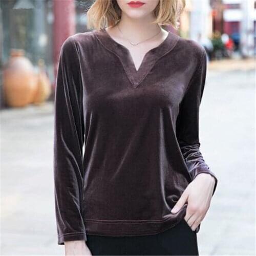 2020 Spring Summer T-Shirt Women Velvet T-shirt Tees Fashion Girls Tops V-Neck Long Sleeve Sexy Shirts Plus Size 7XL Black/Blue