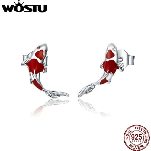 WOSTU 100% Real 925 Sterling Silver Red Koi Stud Earrings For Women Exquisite Small Earrings Wedding Jewelry Gift CQE812