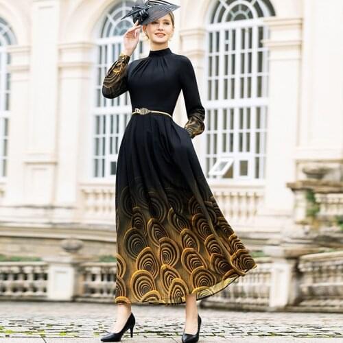 Spring Autumn Long Dress Office Lady Elegant Printed Evening Clothing Women Long Sleeve Black Dress DZ2579