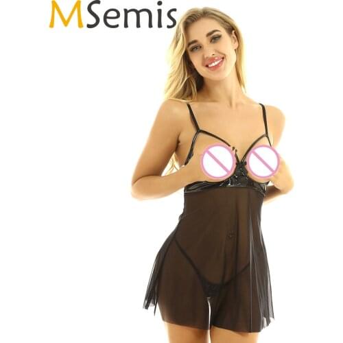 Womens Lenceria Erotic Nightwear Spaghetti Straps Leather Open Cups Sheer Mesh Chemise Sexy Babydoll Night Dress+Thong Lingerie