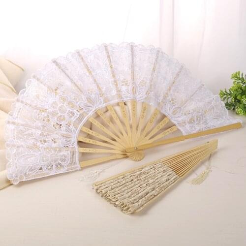 1PCS Chinese Style Decorative Bamboo Fans Lace Fabric Silk Folding Hand Held Dance Fans Flower Party Wedding Prom Home Decor