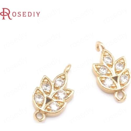 40729)10PCS 24K Champagne Gold Color Brass and Zircon 2 Holes Tree Leaf Leaves Charms Pendants Jewelry Making Supplies Findings