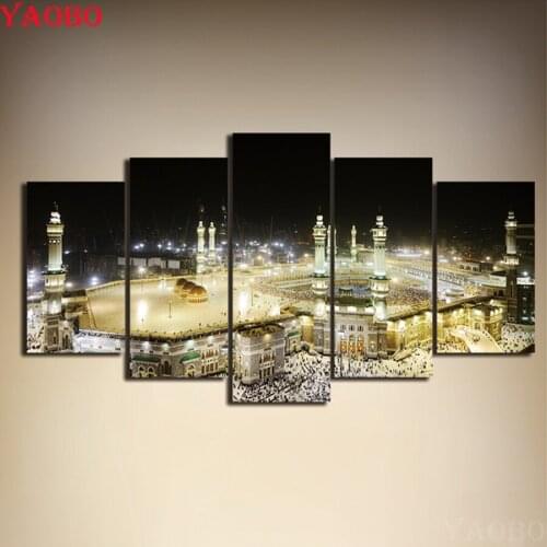 5D DIY Diamond Painting 5 Panel Islamic Muslim Mosque Landscape Cross Stitch Mosaic Diamond Embroidery Full Square Rhinestone