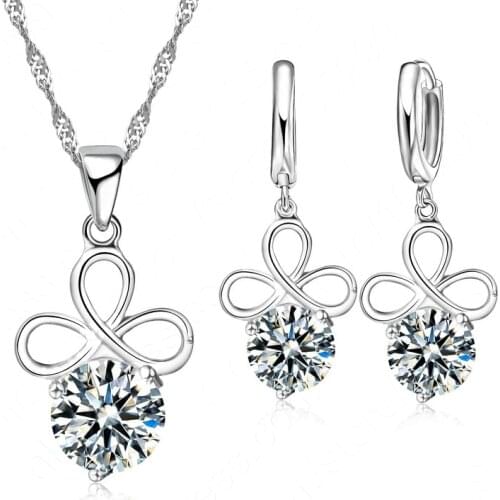 Big Discount 925 Sterling Silver Cubic Zirconia Jewelry Set Flower Pendant Necklace Earrings Set for Women Free Shipping