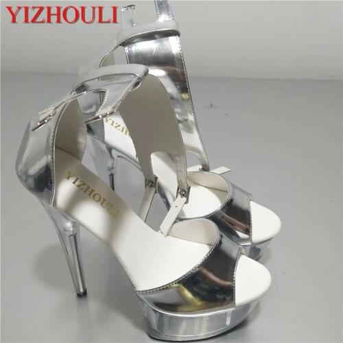 15 cm high heel waterproof platform, sexy silver brides wedding shoes, nightclub lapel sandals