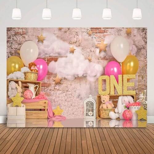 Girl One Birthday Cake Smash Backdrop Photography Brick Wall Newborn Baby 1st Portrait Background Bunny Toys Balloons Gold Stars